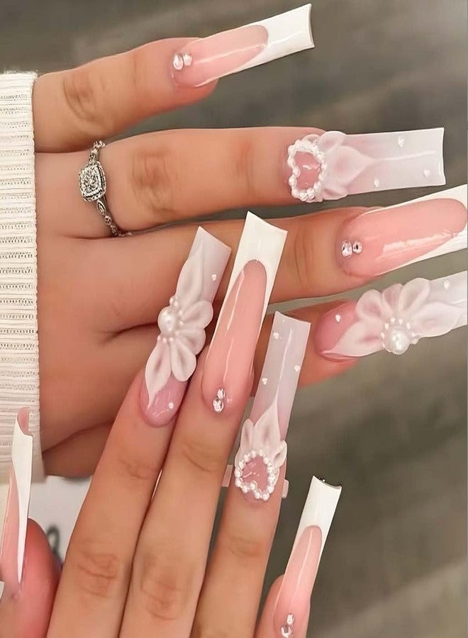 Foccna Pink Press on Nails Artificail Extra Long, French Square Fake Nails, Crystal Flowers Nails Acrylic for Women Reusable Nail Kit Adhesive Tabs Nail File 24pcs - Image 1